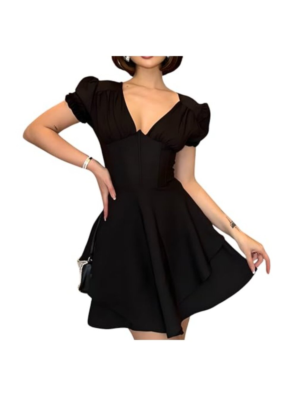Puff Sleeve Mini Dress Corset Bodice Tiered Skirt Cocktail Wedding Guest